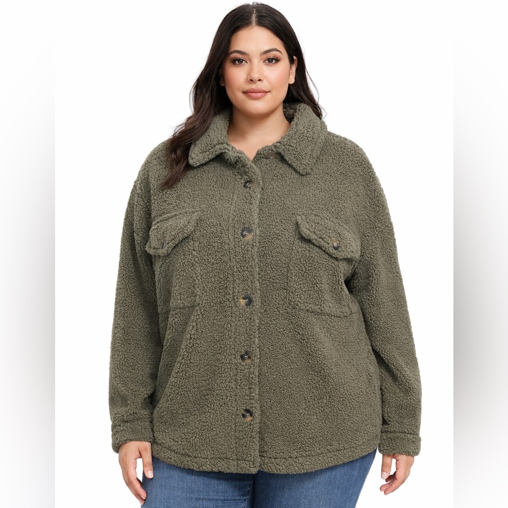 NWT Thread & Supply Shirt Jacket Womens 1X Olive Green‎ Sherpa Button Front